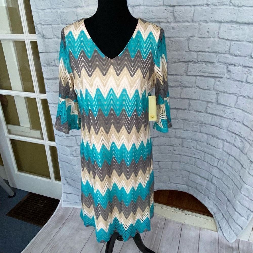 Tacera open knit fully lined 3/4 bell sleeve chevron print dress women sz Med